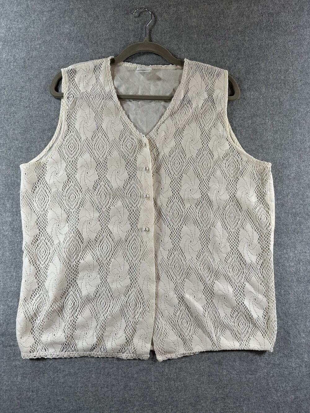 Sostanza Women's White Floral Crocheted Button Front Vest Large